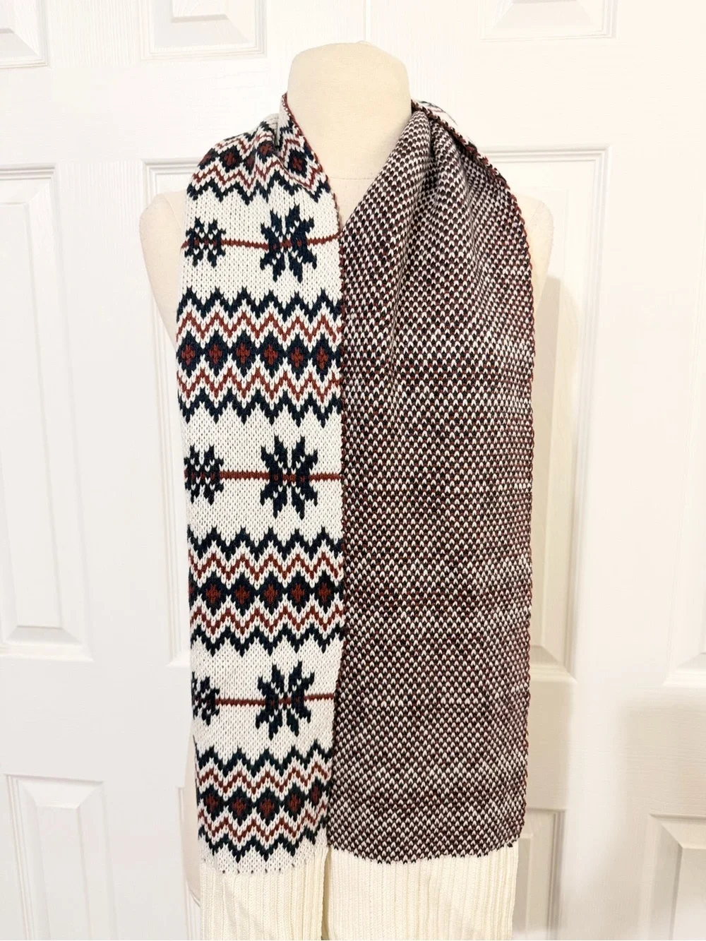 Timberland Cream Knit Scarf with Navy & Brown Fair Isle Pattern